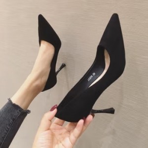 夏季新品经典黑色简约韩版尖头时尚细跟性感单鞋女绒面夏季浅口通勤职业工作鞋女